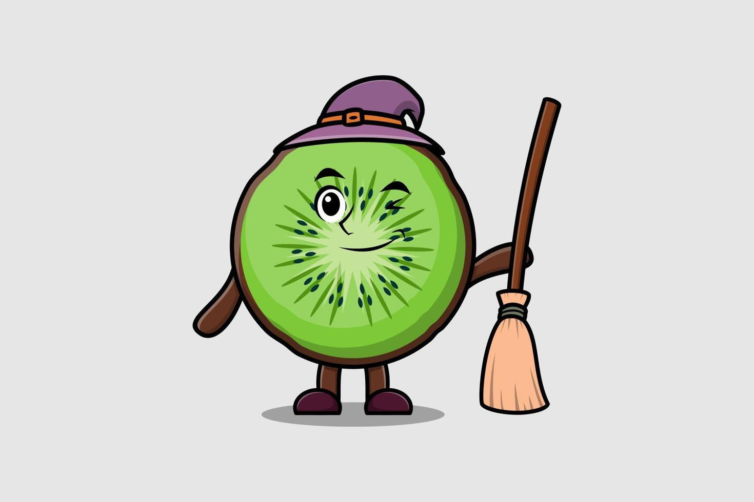 Kiwi con forma de bruja de dibujos animados con palo de escoba vector