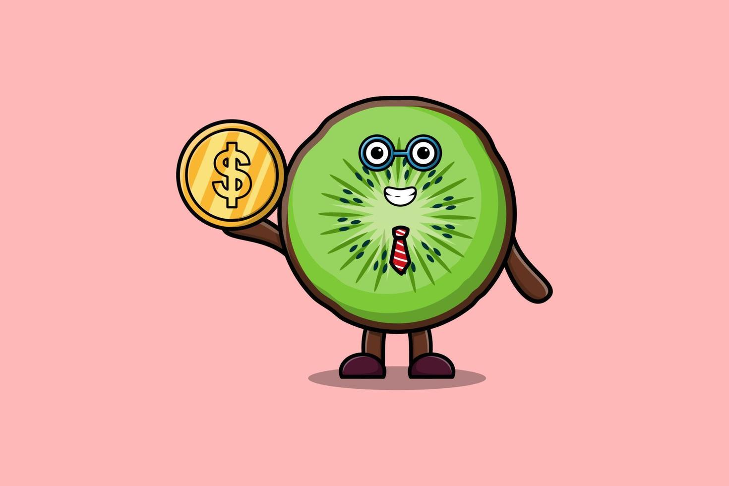 Cute cartoon Kiwi fruit successful hold gold coin vector