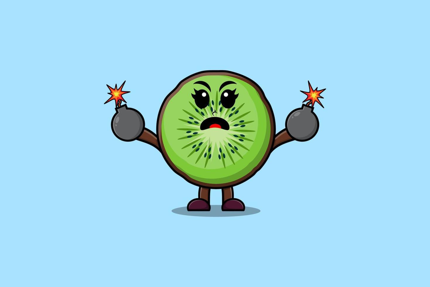 Cute cartoon Kiwi fruit holding bomb with scared vector