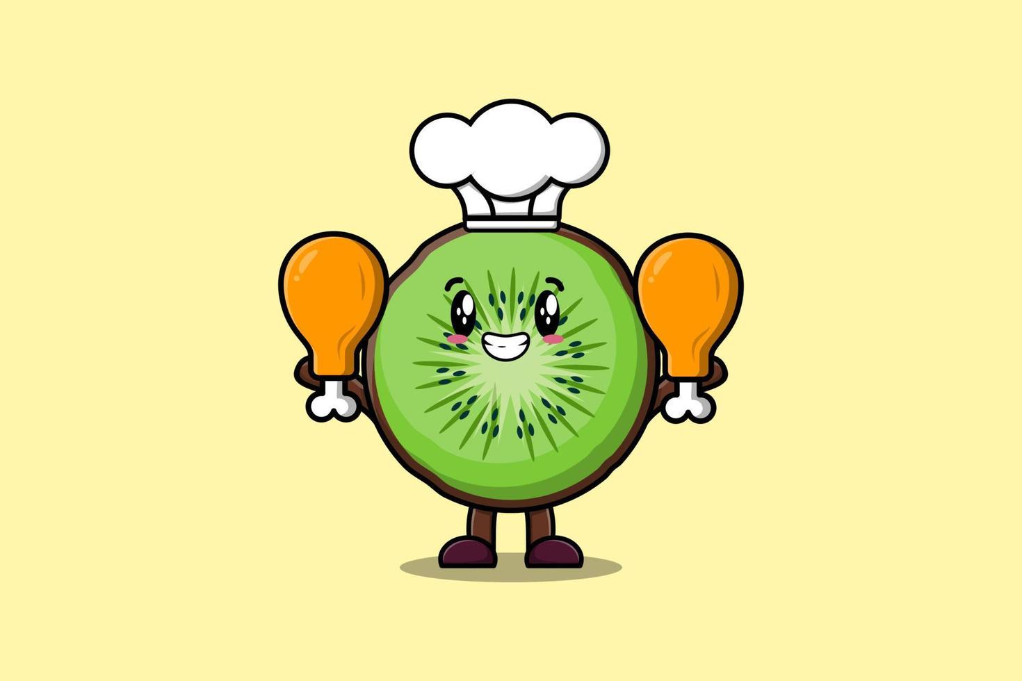 cartoon Kiwi fruit chef holding two chicken thighs vector