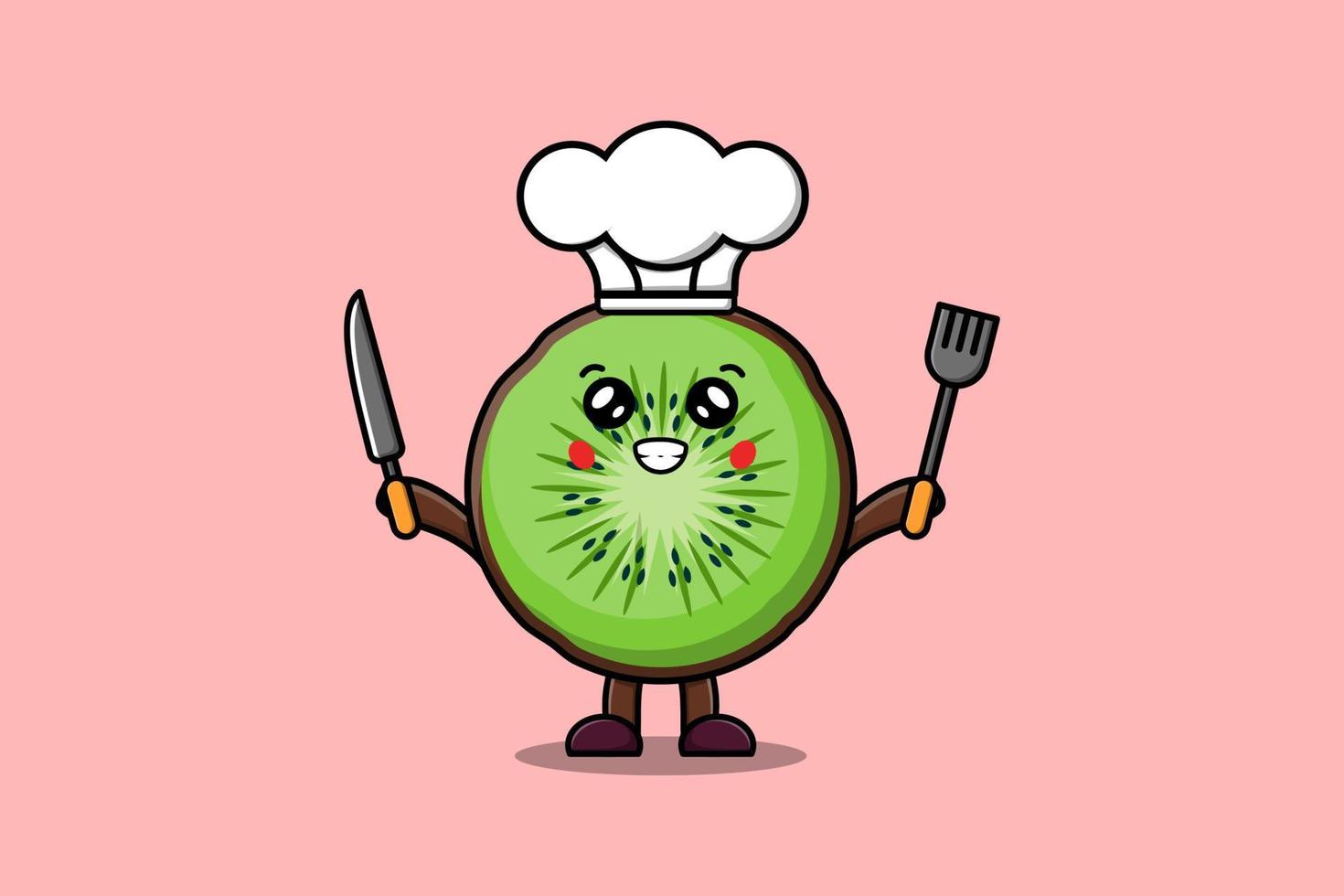 Cute cartoon Kiwi fruit chef hold knife and fork vector