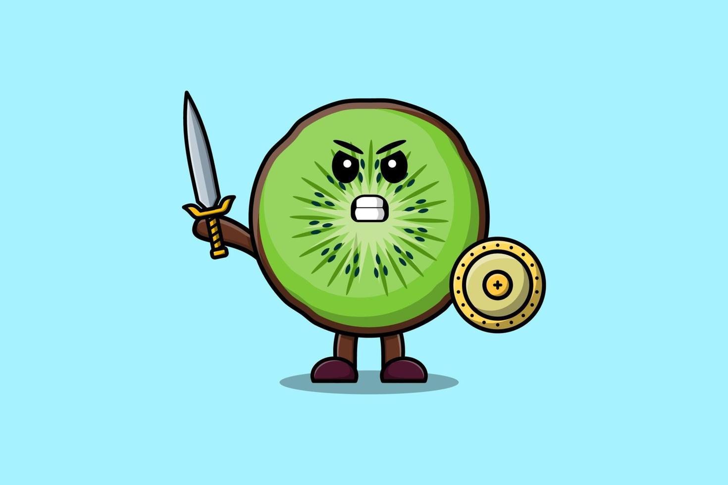 Cute cartoon character Kiwi fruit holding sword vector