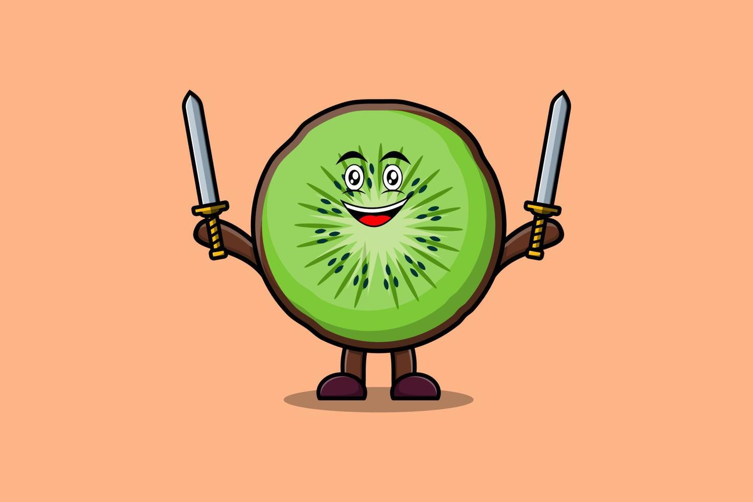 lindo personaje de dibujos animados de kiwi con dos espadas vector