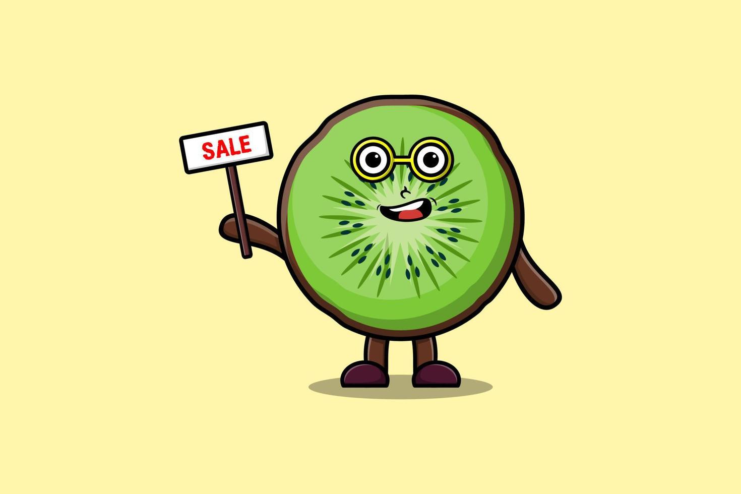 lindo personaje de kiwi de dibujos animados mantener cartel de venta vector