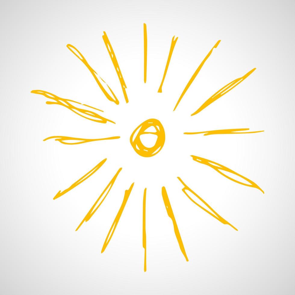 Hand drawn sun. Simple sketch sun. Solar symbol. Yellow doodle isolated on white background. Vector illustration.