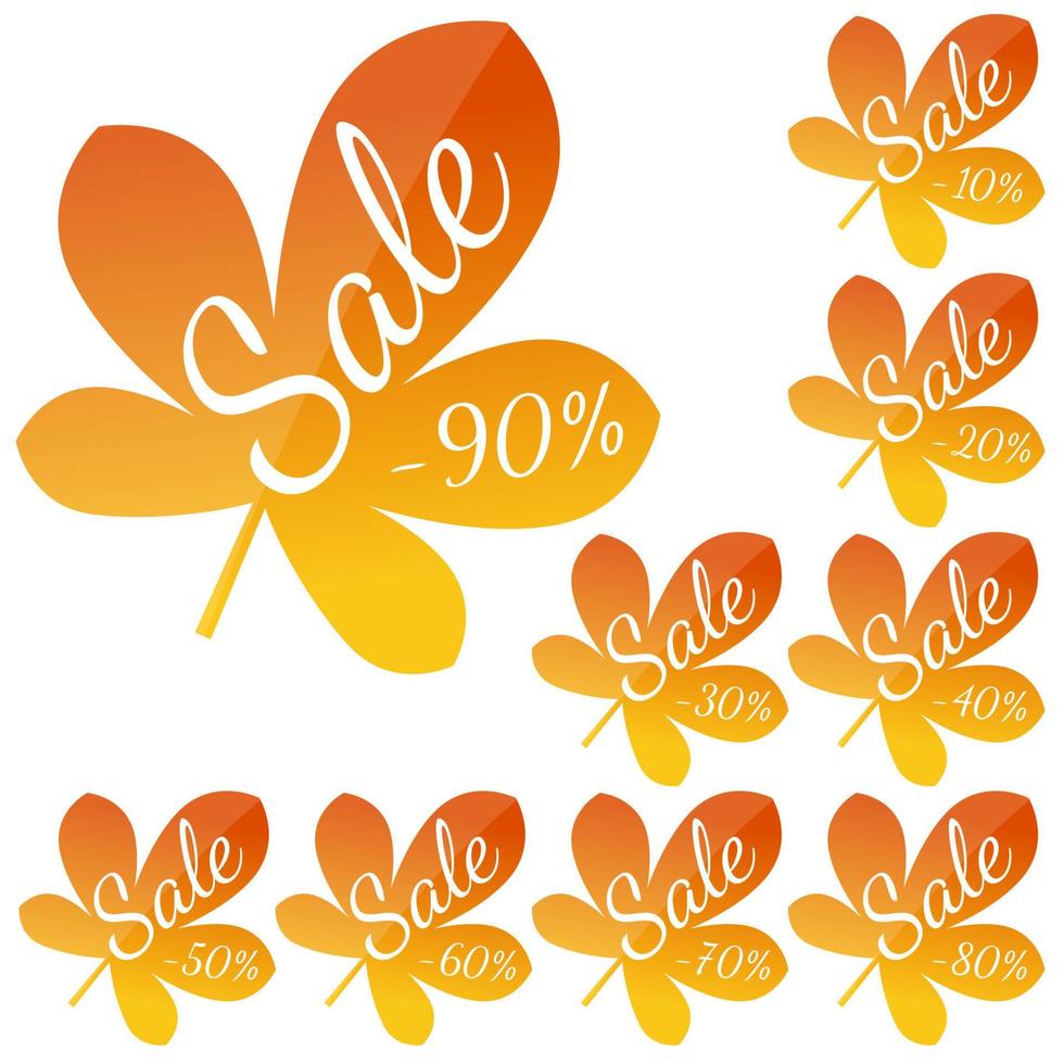 Set of autumn yellow-red leaves with inscription Sale. Discounts from 10 to 90 percent. Vector illustration.