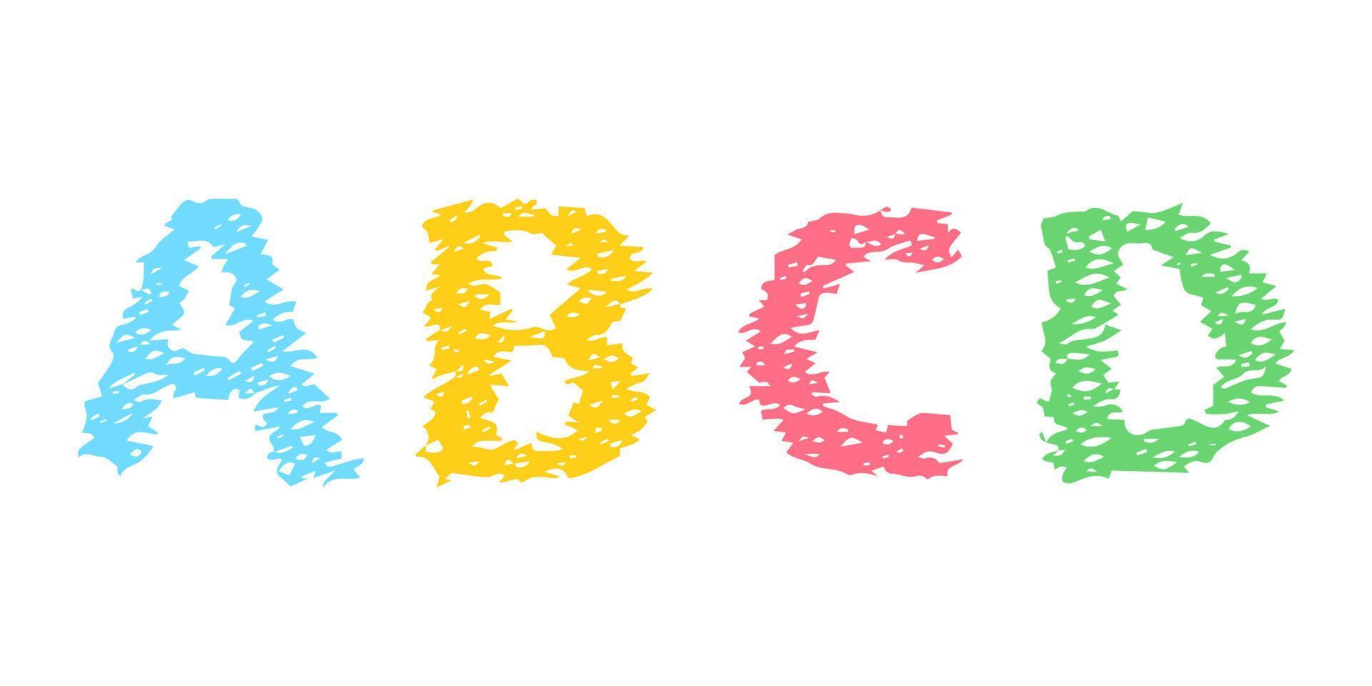 letras del alfabeto latino dibujadas a mano abcd. fuente y tipografía modernas en mayúsculas. símbolos multicolores sobre fondo blanco. ilustración vectorial vector