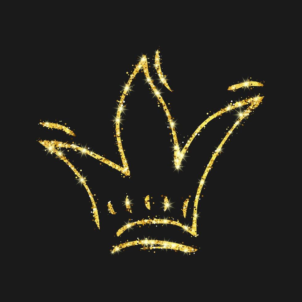 corona dibujada a mano con brillo dorado. simple boceto de graffiti reina o rey corona. coronación imperial real y símbolo monarca aislado en un fondo oscuro. ilustración vectorial vector