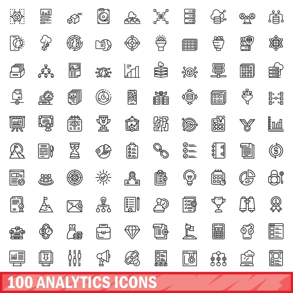 100 analytics icons set, outline style vector