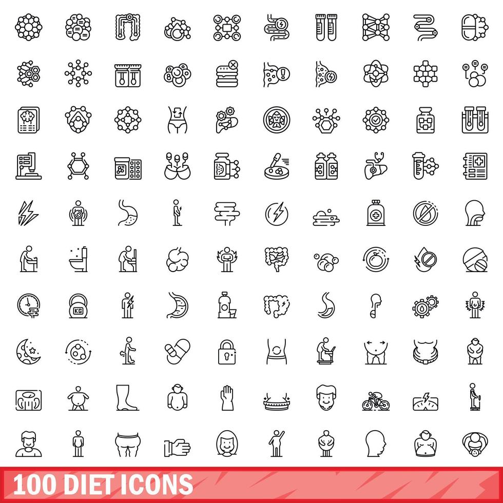 100 diet icons set, outline style vector