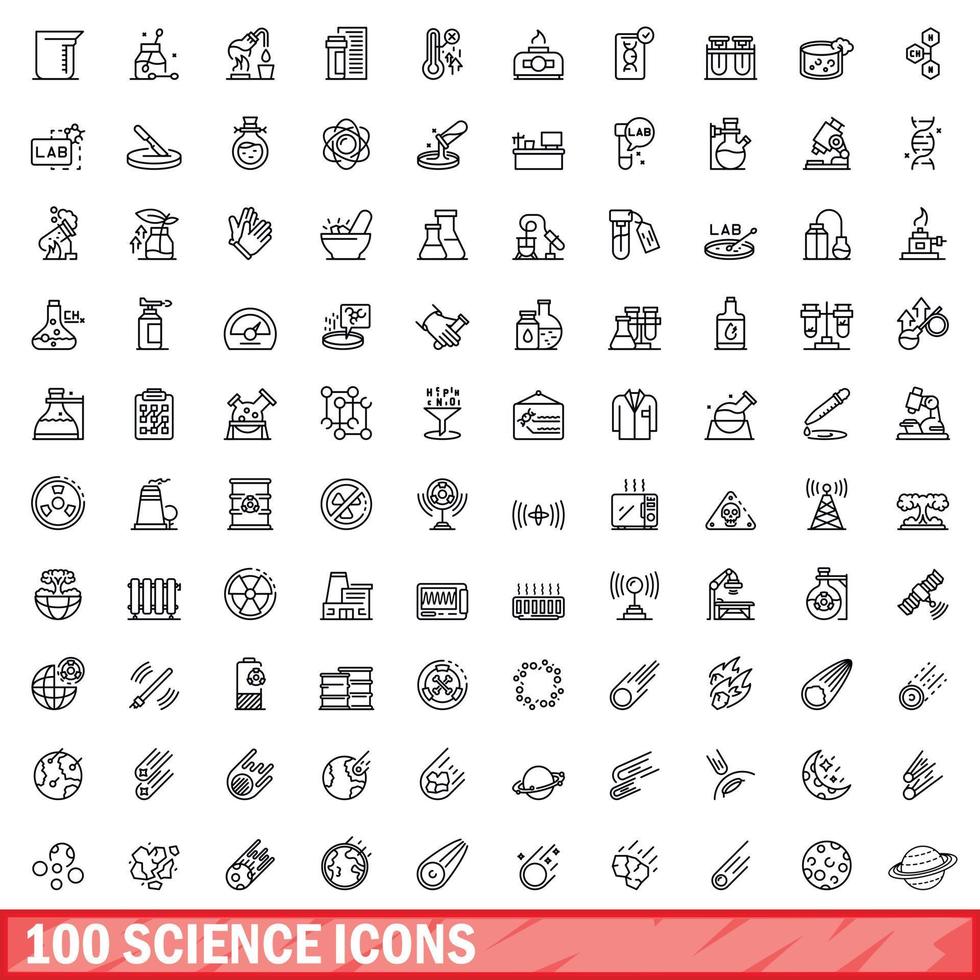 100 science icons set, outline style vector