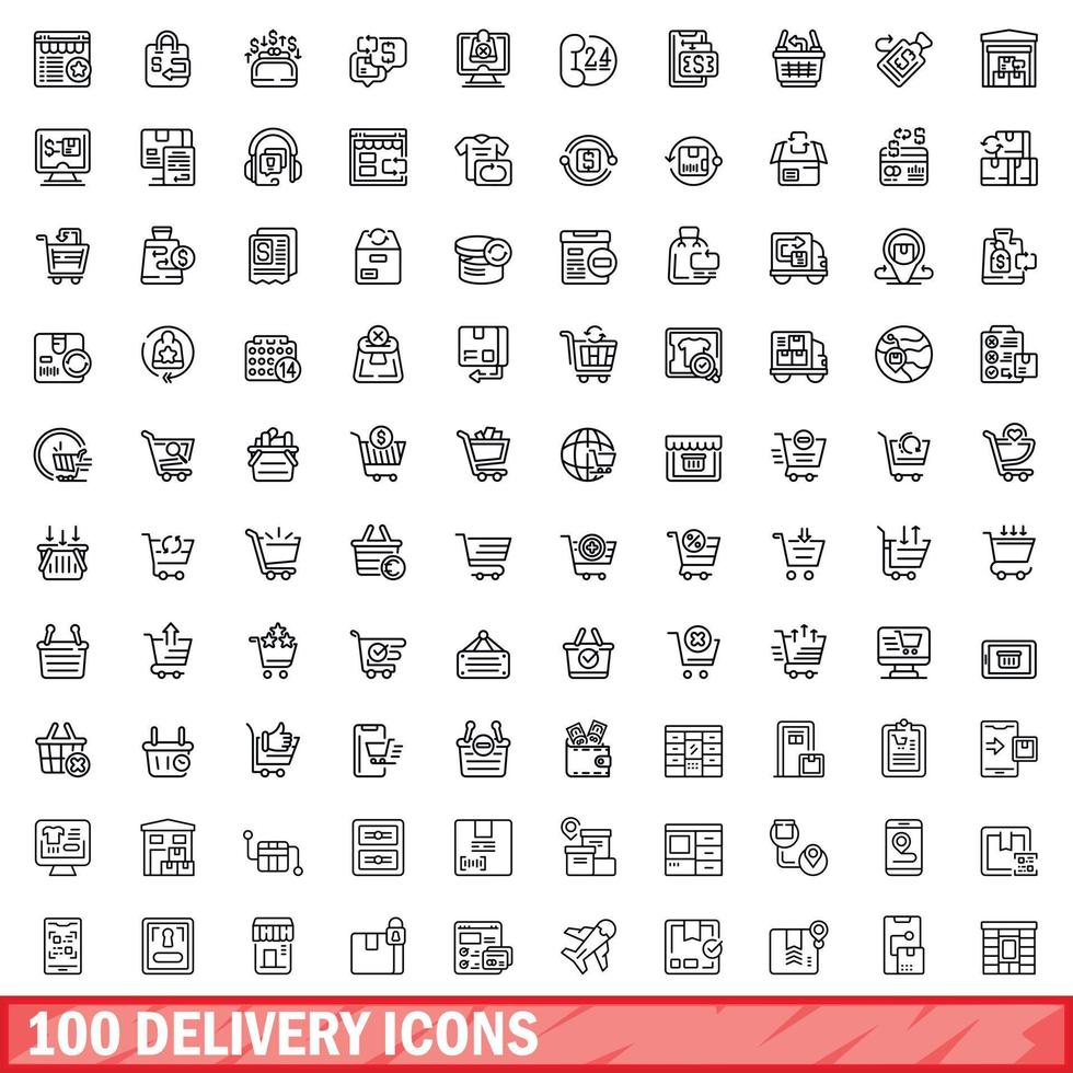 100 delivery icons set, outline style vector