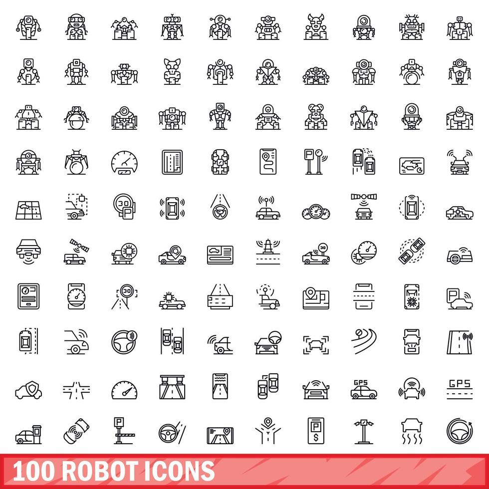 100 robot icons set, outline style vector