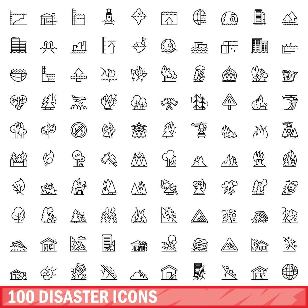 100 iconos de desastres establecidos, estilo de esquema vector