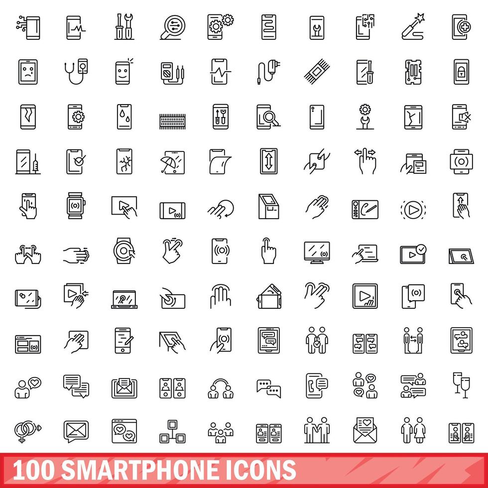 100 smartphone icons set, outline style vector