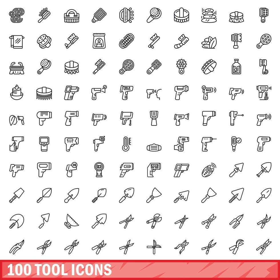 100 tool icons set, outline style vector