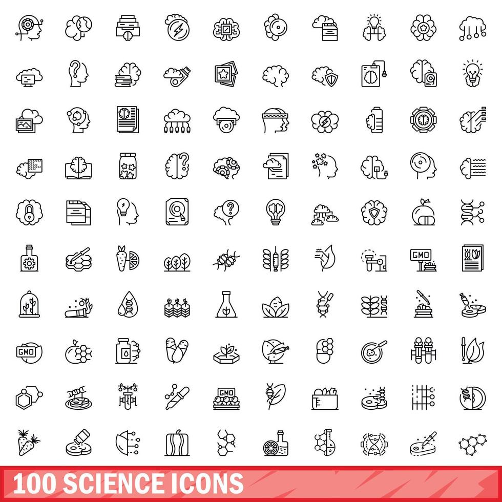 100 science icons set, outline style vector