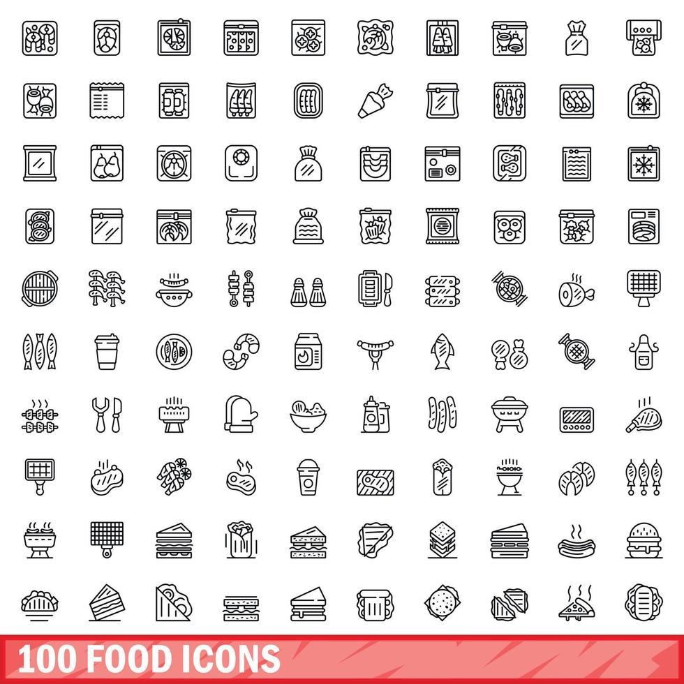 100 food icons set, outline style vector
