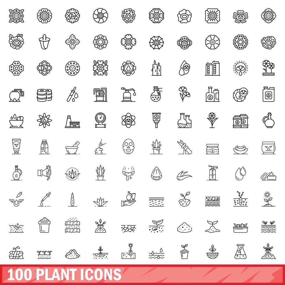 100 iconos de plantas, estilo de esquema vector