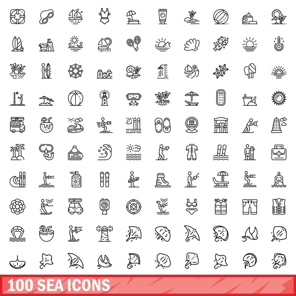 100 iconos de mar, estilo de esquema vector