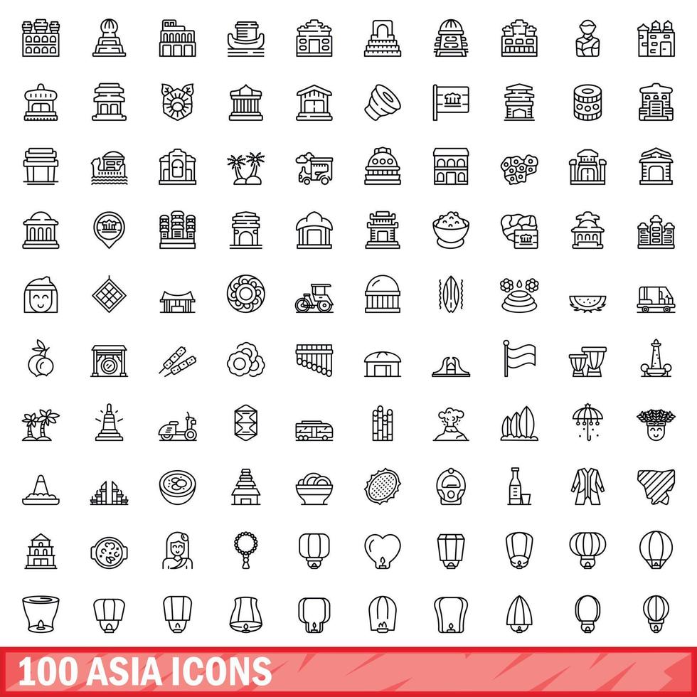 100 iconos de asia, estilo de esquema vector