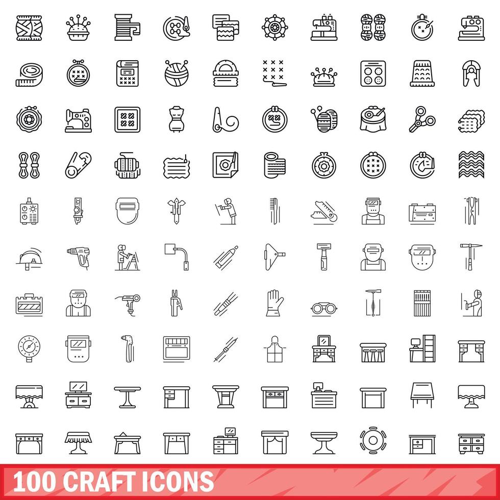 100 craft icons set, outline style vector