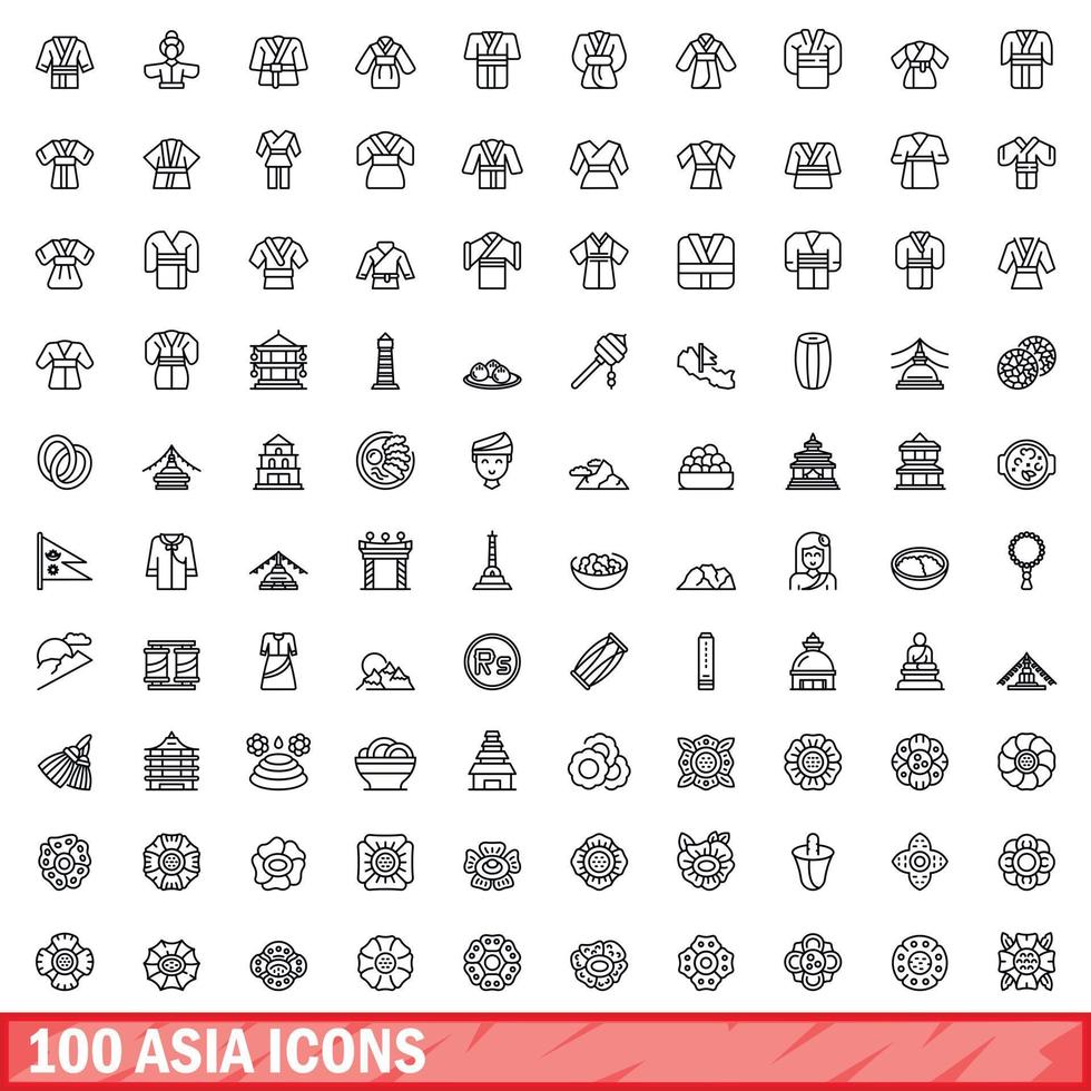 100 asia icons set, outline style vector