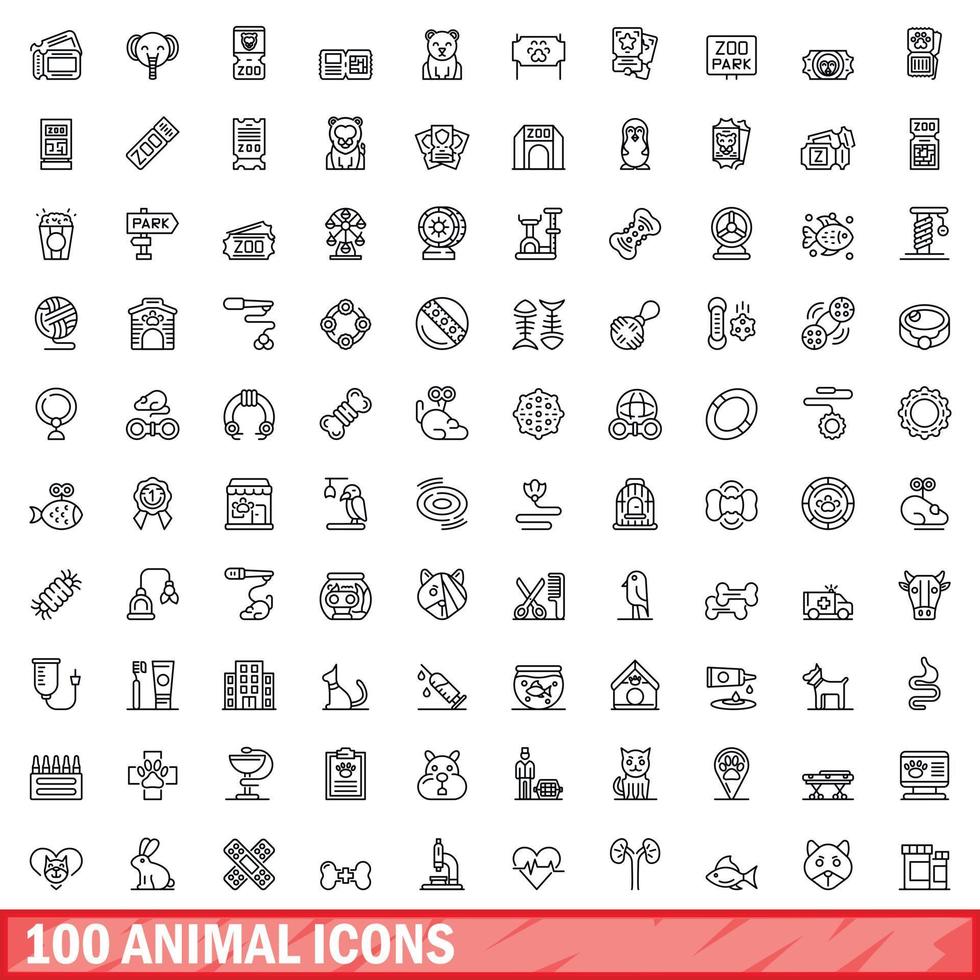 100 animal icons set, outline style vector