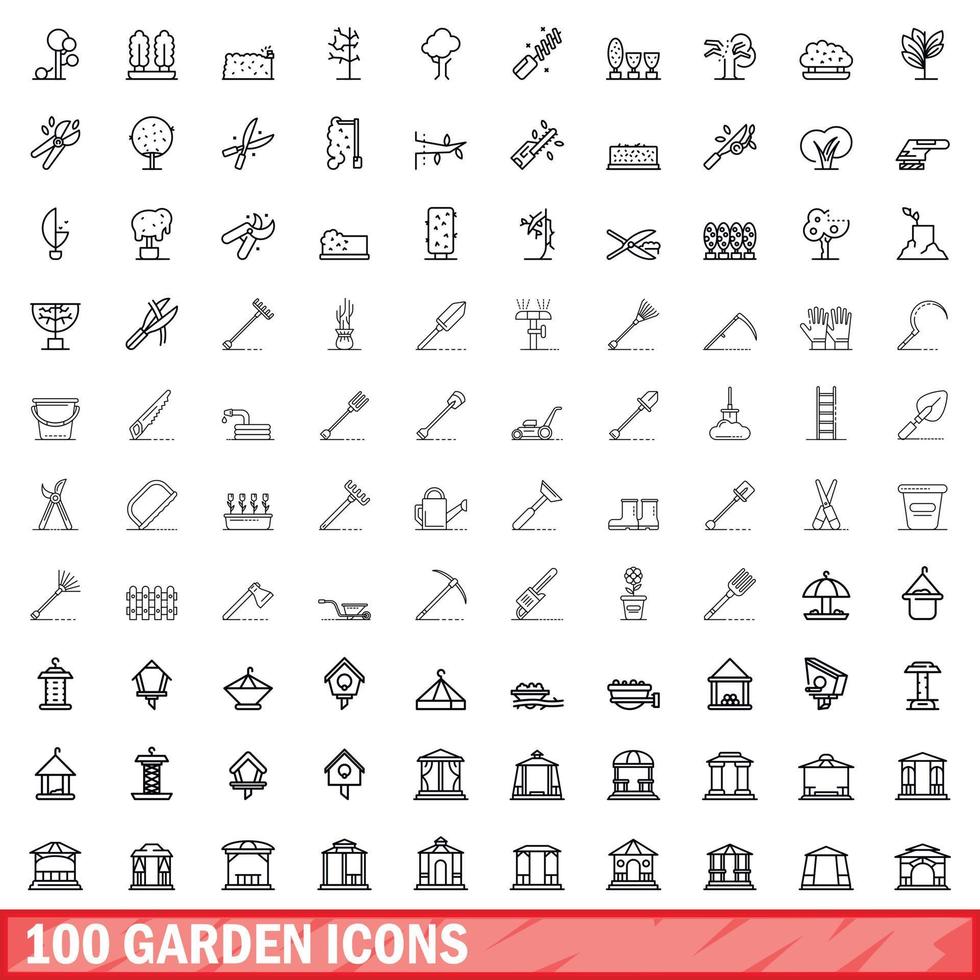 100 iconos de jardín, estilo de esquema vector