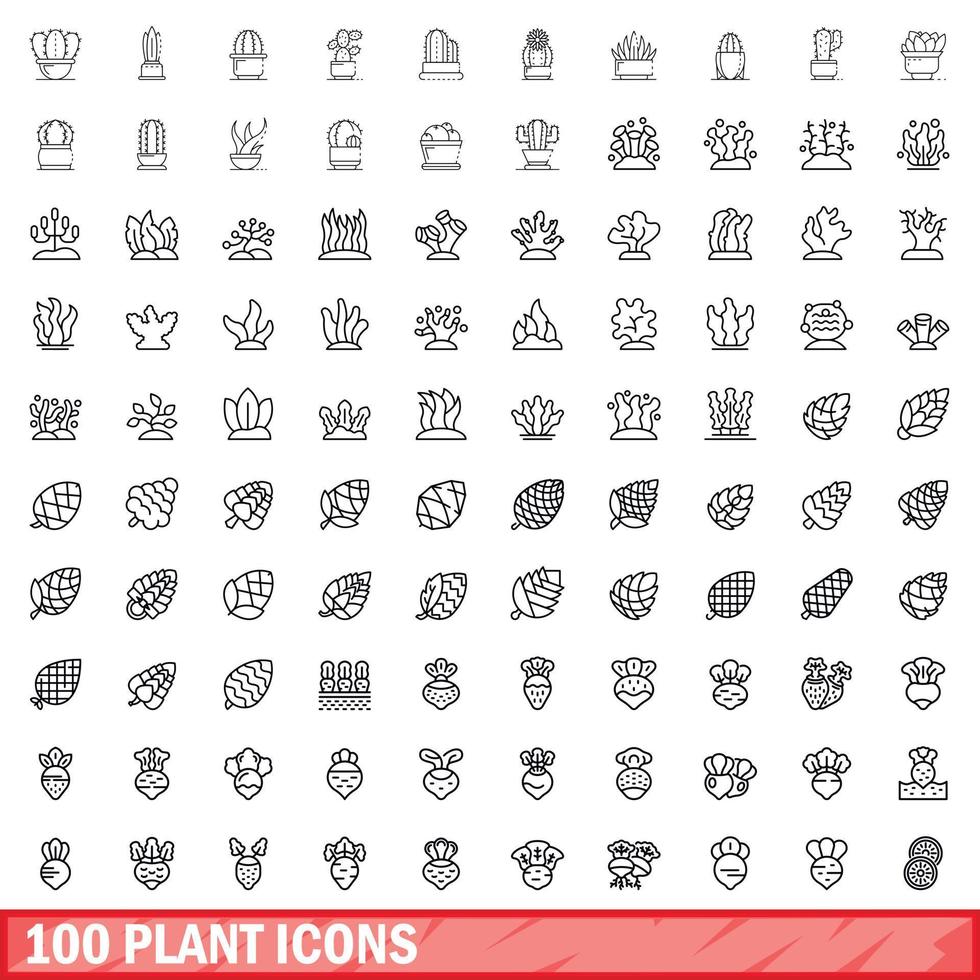 100 iconos de plantas, estilo de esquema vector