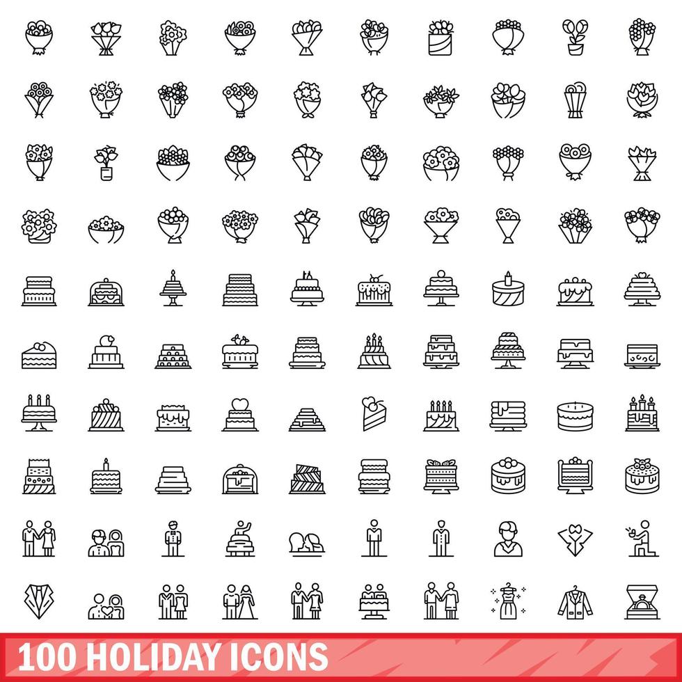 100 holiday icons set, outline style vector