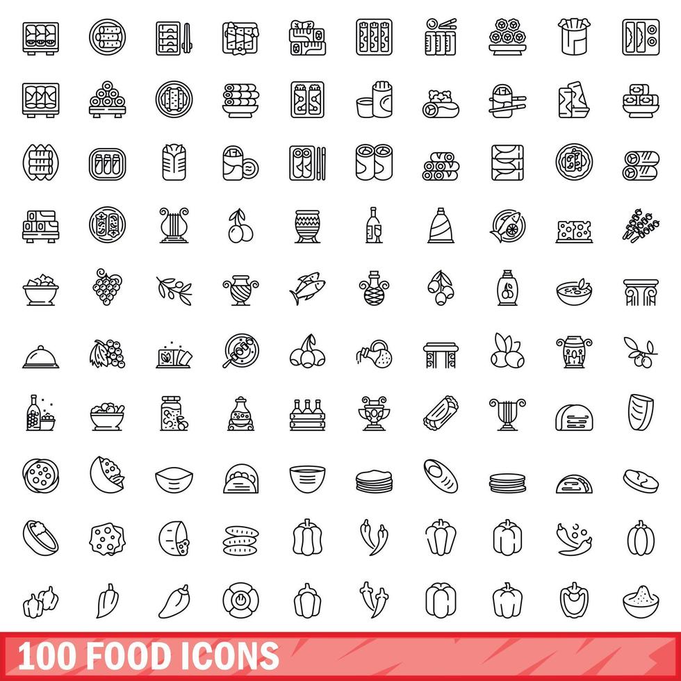 100 food icons set, outline style vector