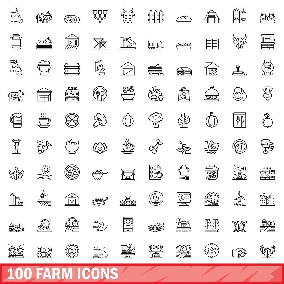 100 farm icons set, outline style vector
