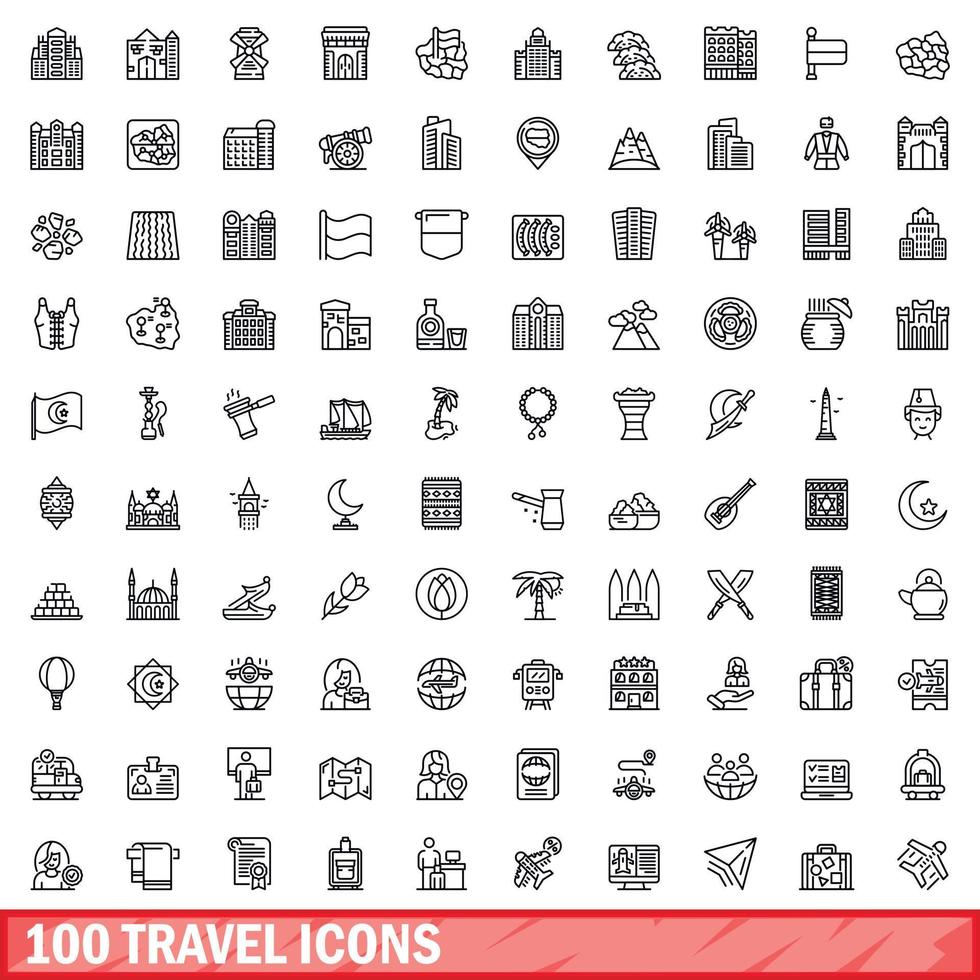 100 travel icons set, outline style vector