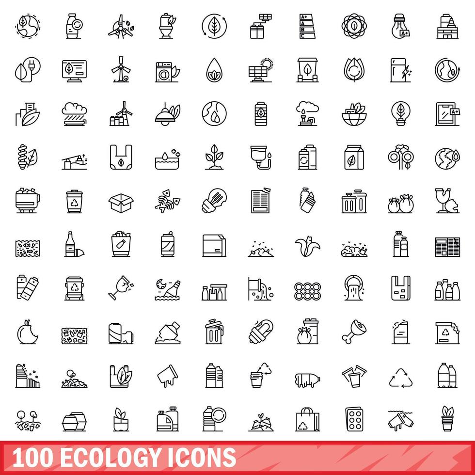 100 iconos de ecología, estilo de esquema vector