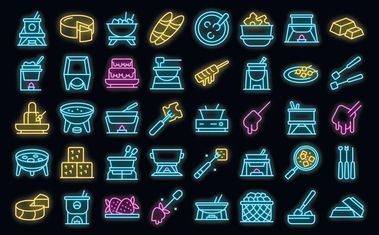 fondue, iconos, conjunto, vector, neón vector