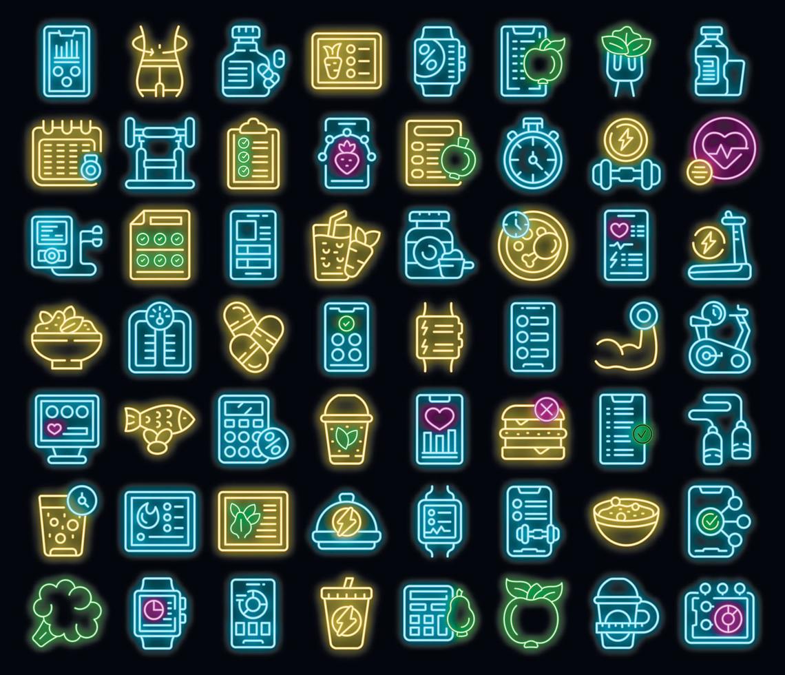 Diet app icons set vector neon