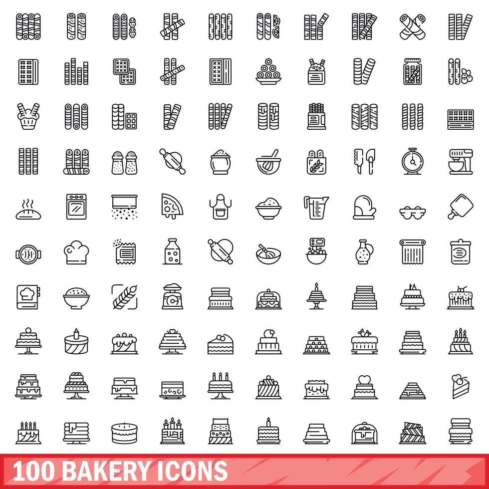 100 iconos de panadería, estilo de esquema vector