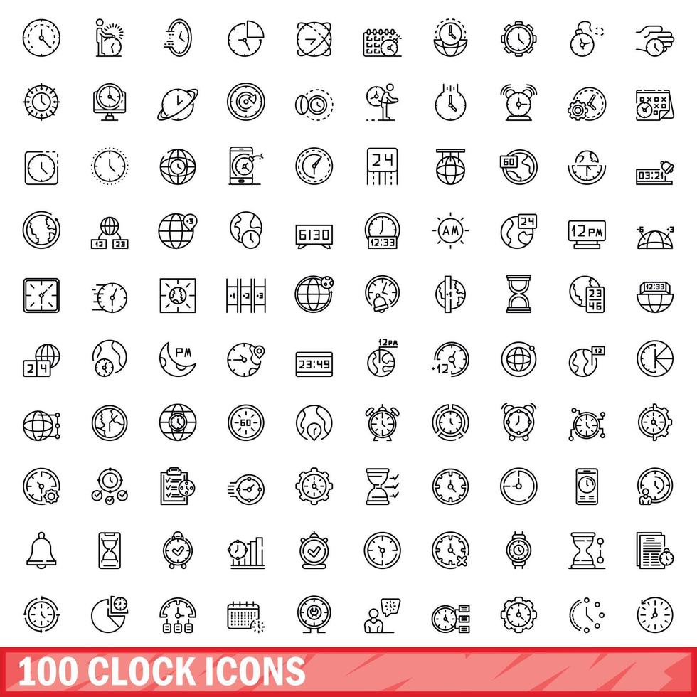 100 clock icons set, outline style vector