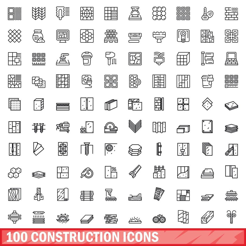 100 construction icons set, outline style vector