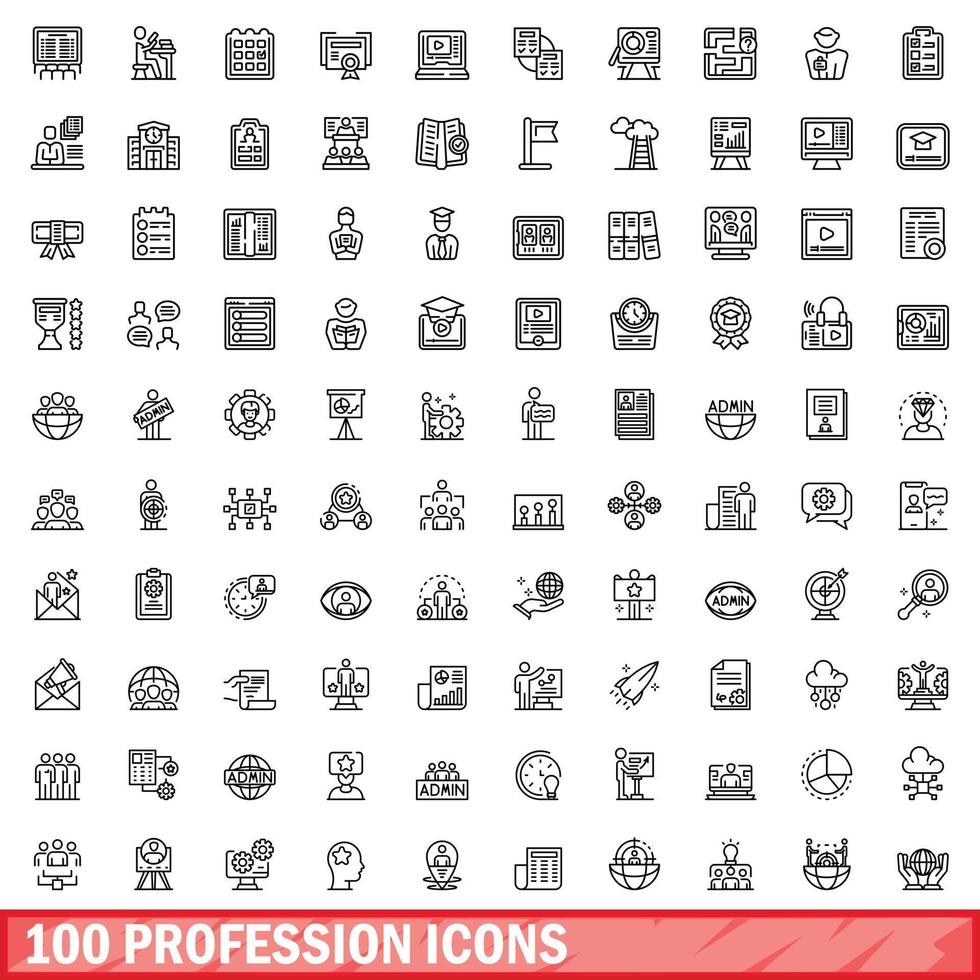 100 profession icons set, outline style vector