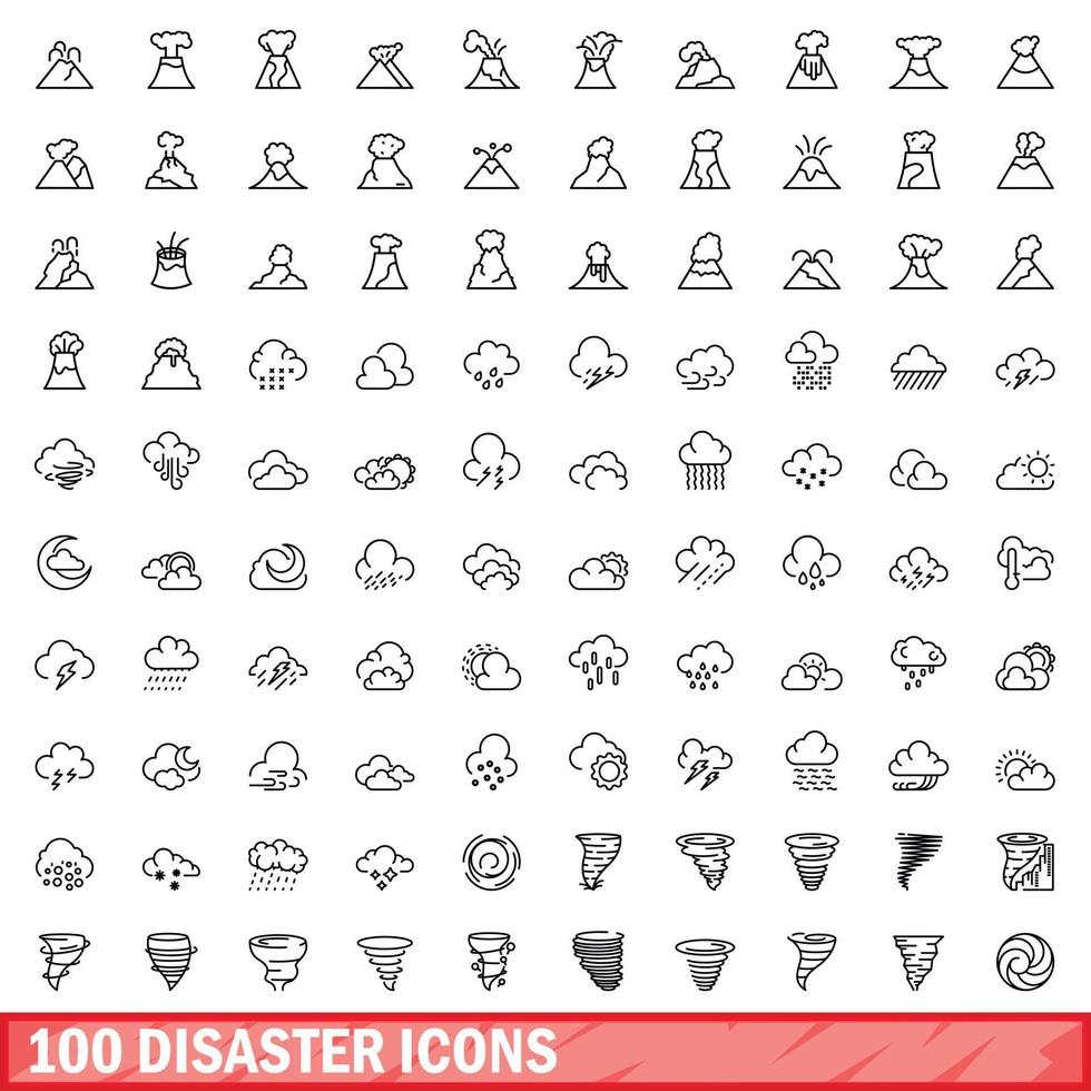 100 iconos de desastres establecidos, estilo de esquema vector