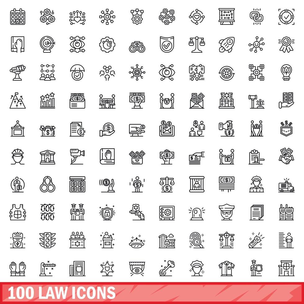 100 law icons set, outline style vector