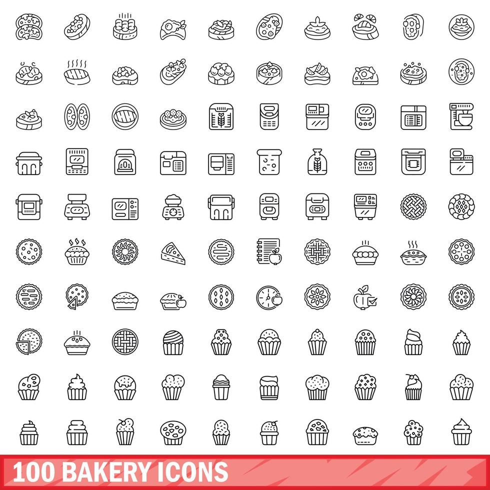 100 bakery icons set, outline style vector