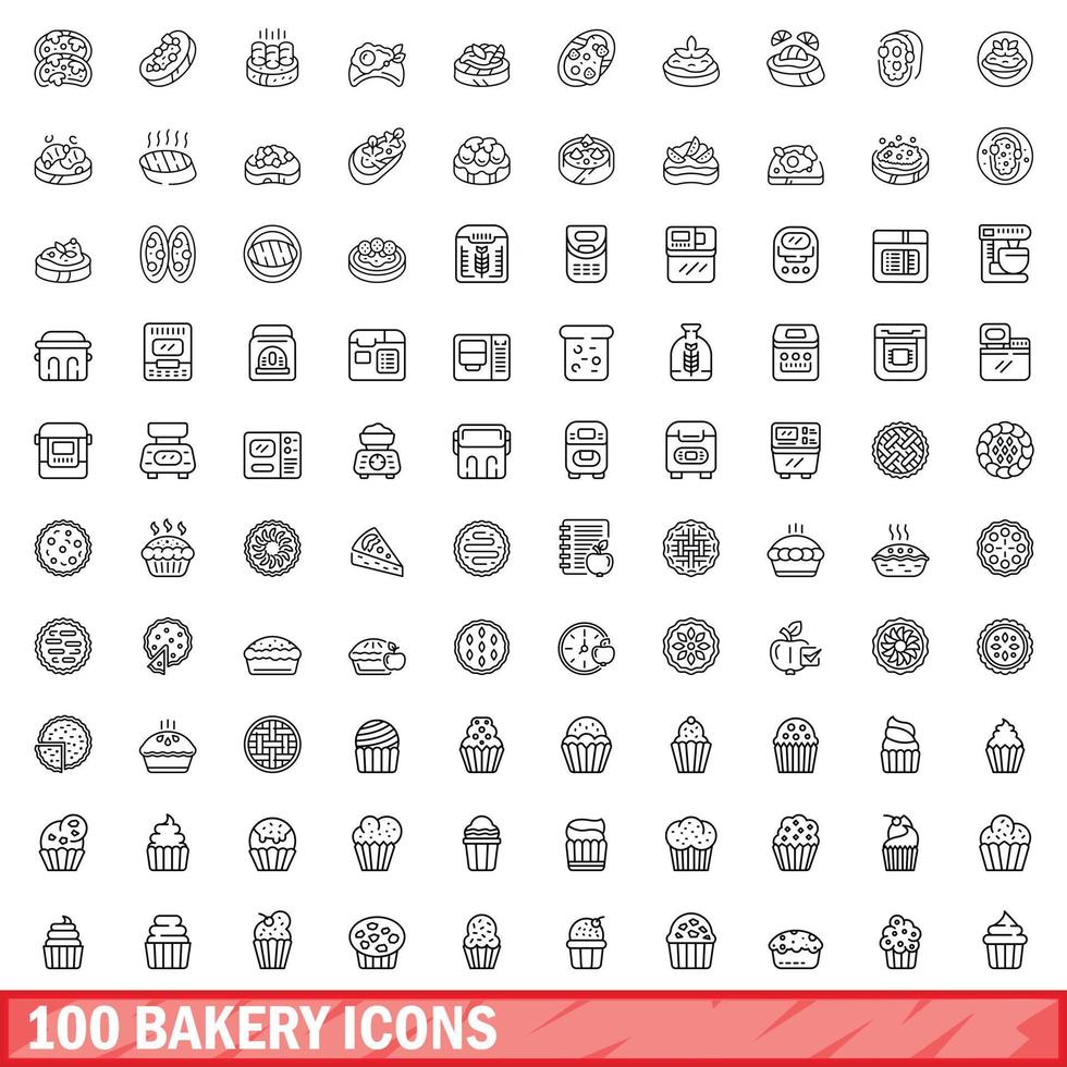 100 iconos de panadería, estilo de esquema vector