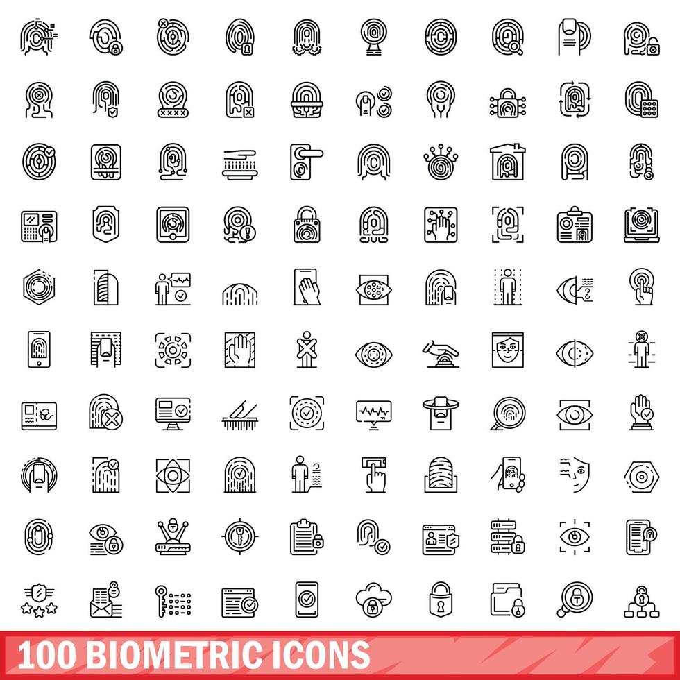 100 biometric icons set, outline style vector