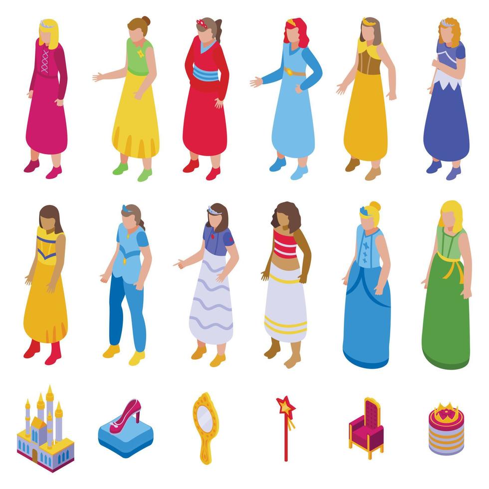 Princess icons set isometric vector. Crown girl vector