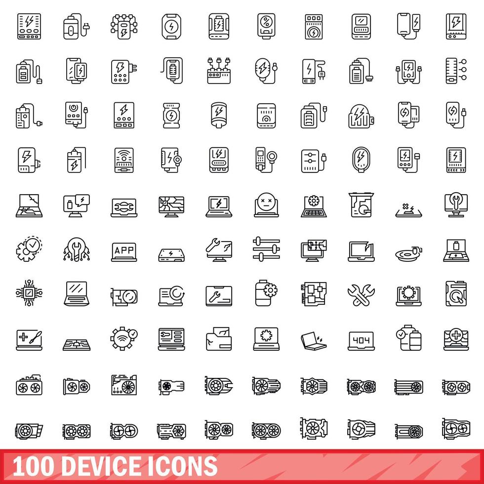 100 device icons set, outline style vector
