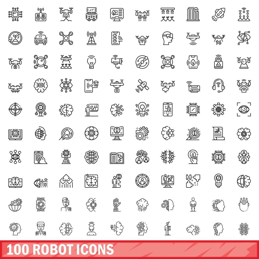 100 robot icons set, outline style vector
