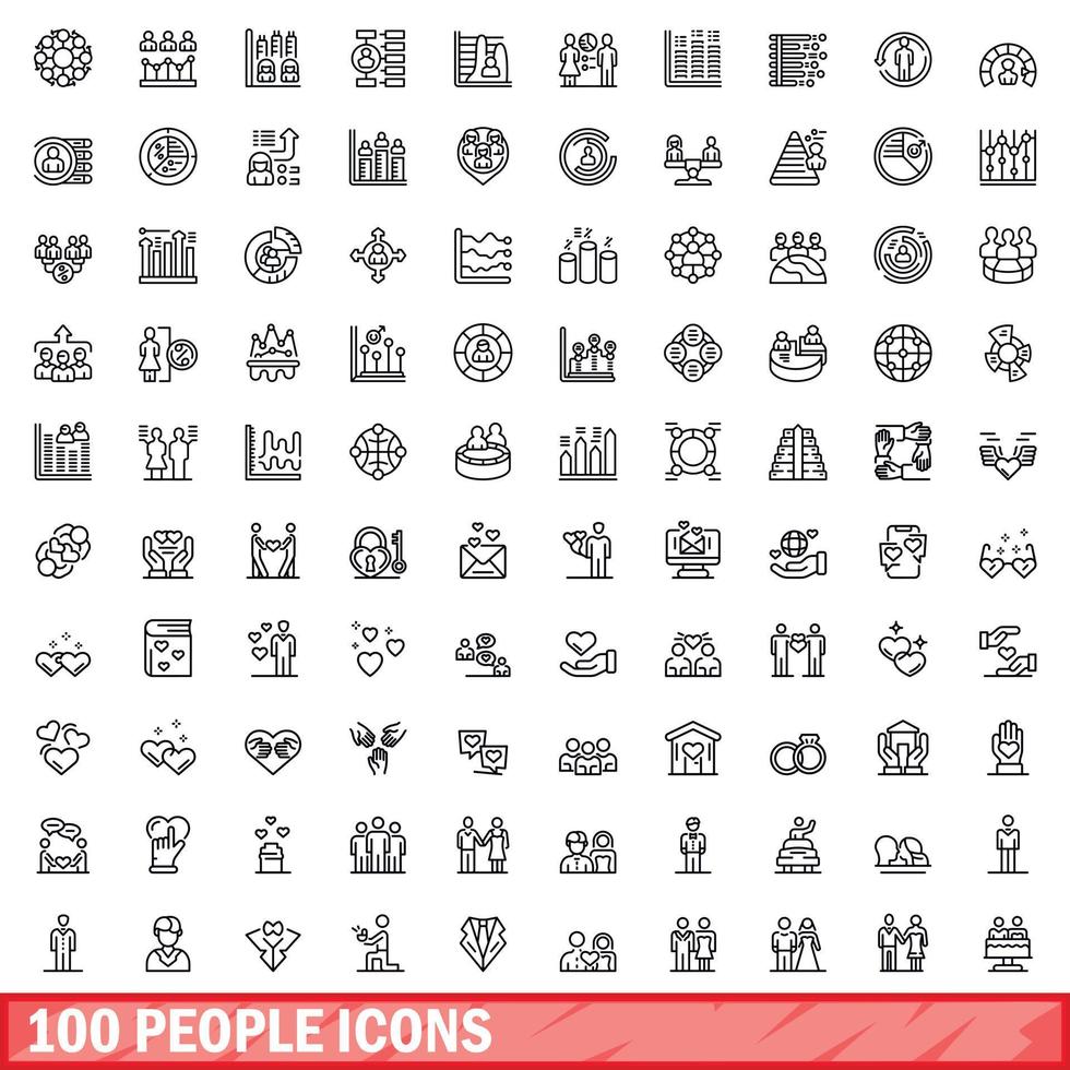 100 people icons set, outline style vector